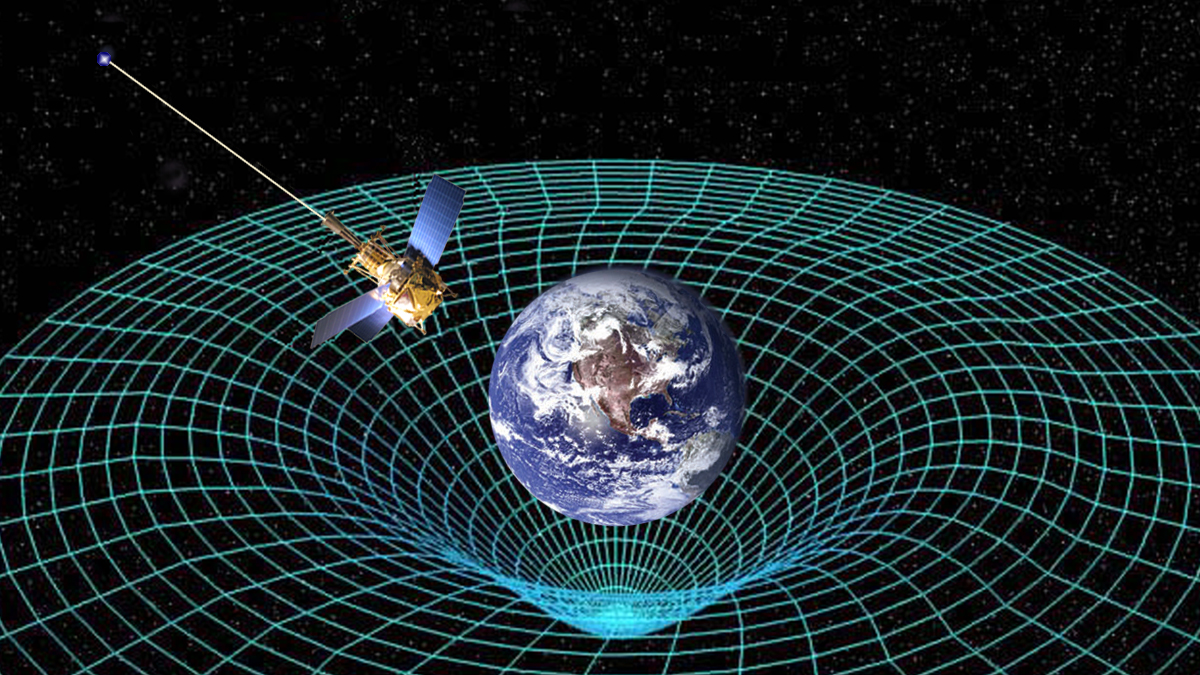 Conceptual image of a satellite orbiting the Earth with a wire mesh gravity well